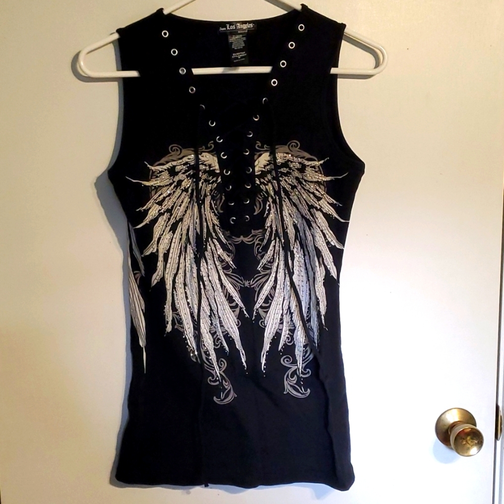 Los Angeles women's M black tank top woth front & back wings and V-neck